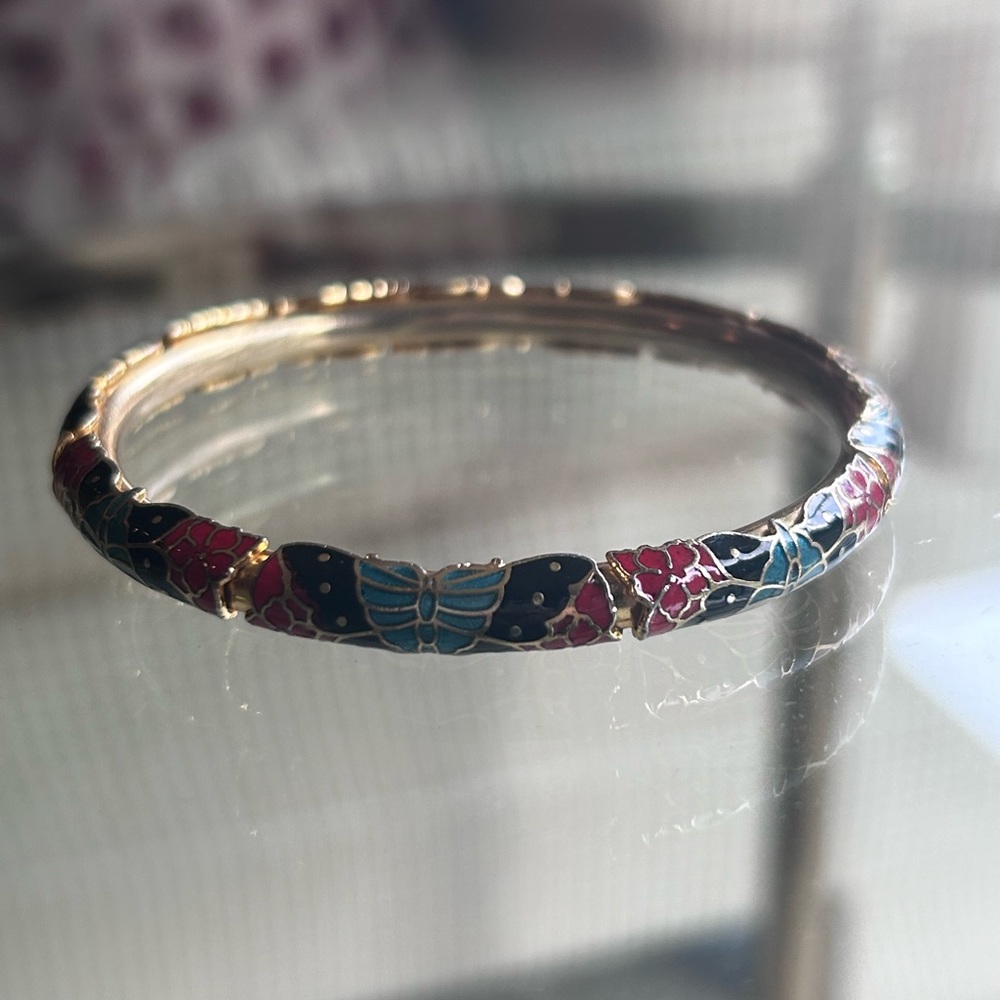 Vintage Cloissone Black and Gold Butterfly Bangle Bracelet